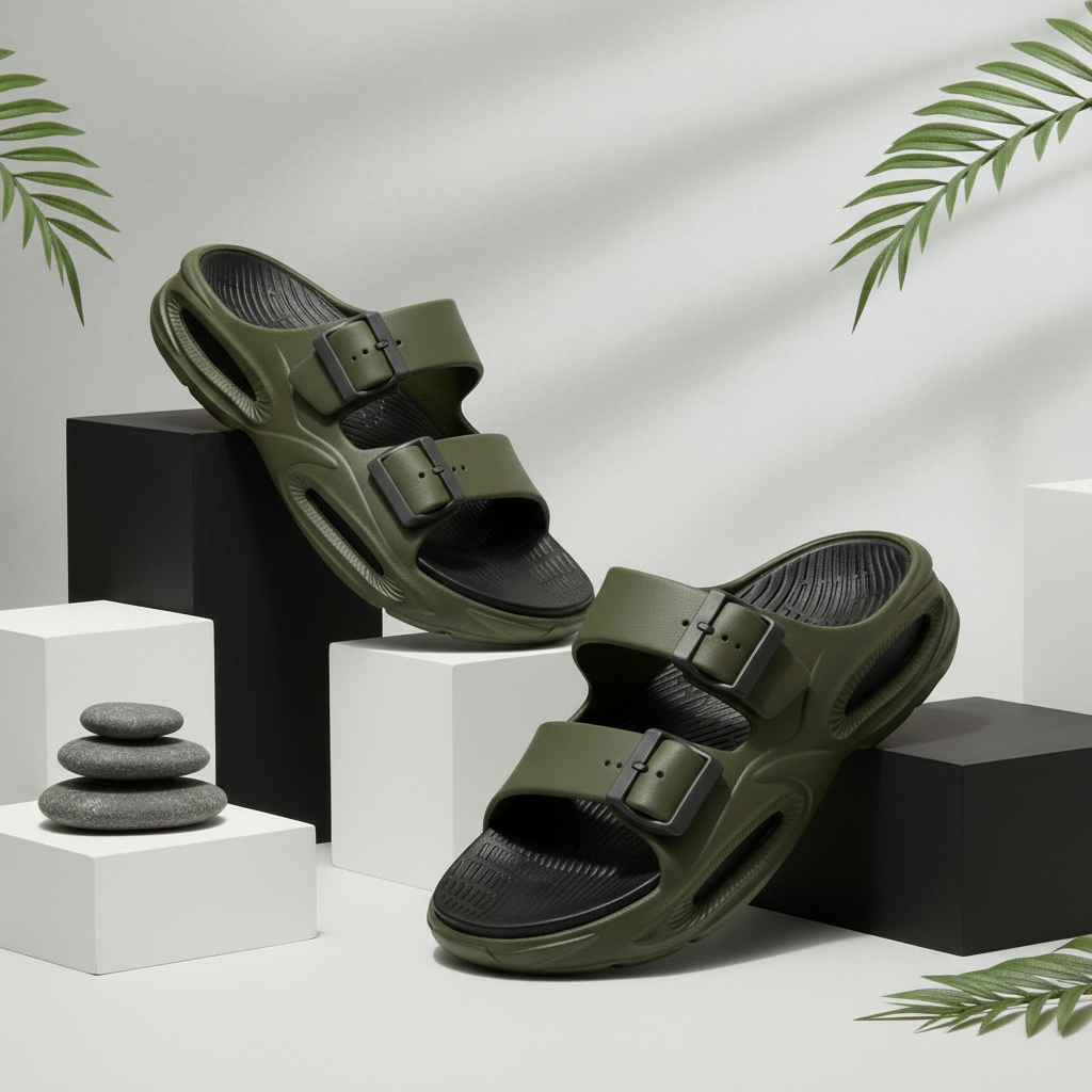 Smoothlite Dual-Tone Cushioned Slippers for men in Olive & Black, image 6