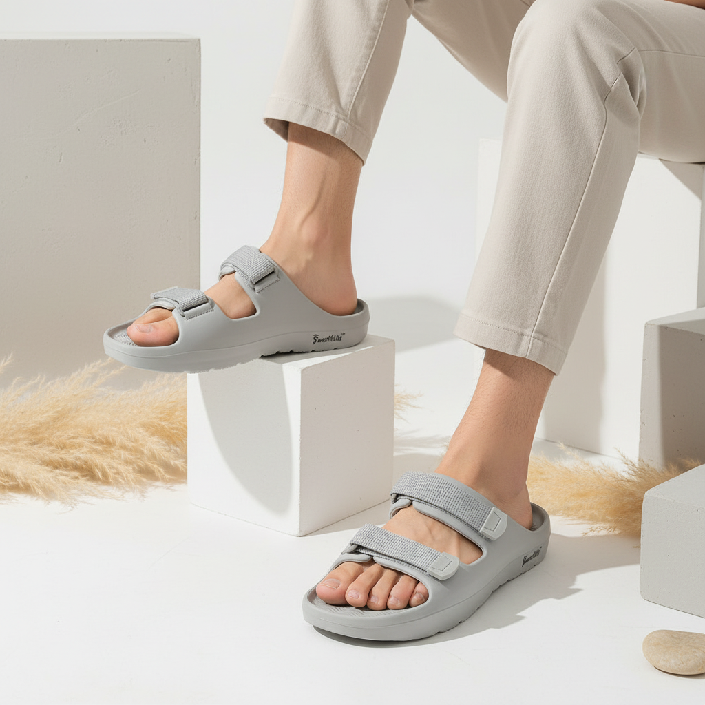 Smoothlite Adjustable Velcro Comfort Slides for men in Light Grey, image 7