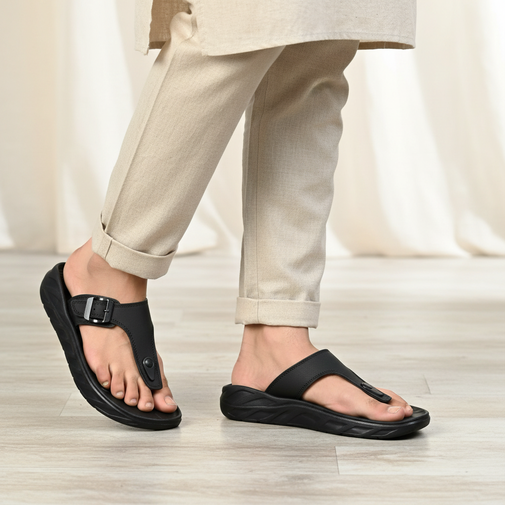 Smoothlite Faux-Leather Strap Comfort Slides for men in Black, image 6