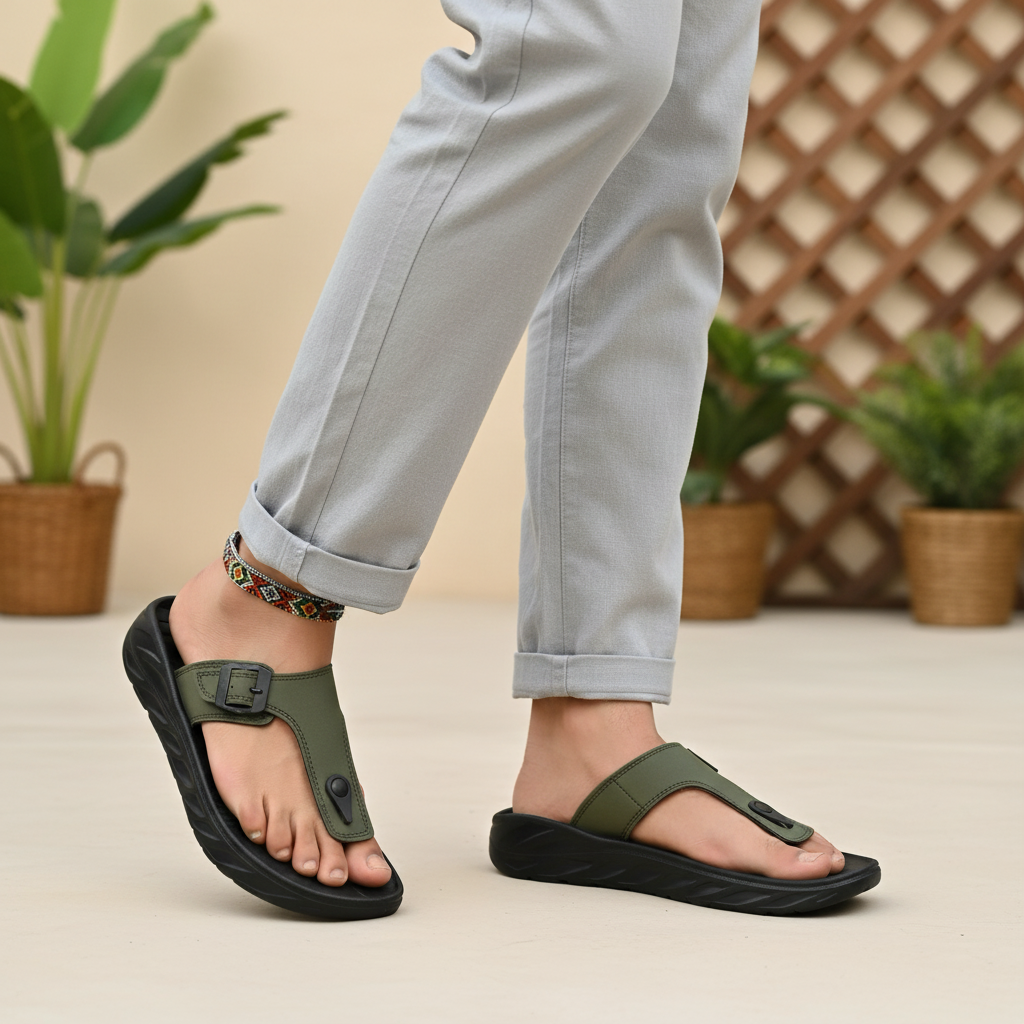 Smoothlite Faux-Leather Strap Comfort Slides for men in Olive, image 6